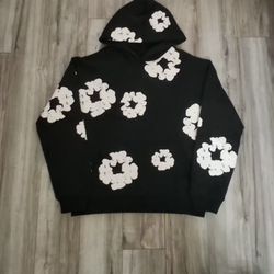 DENIM TEARS Black Flower Graphic Print Cotton Hoodie Pullover Size M