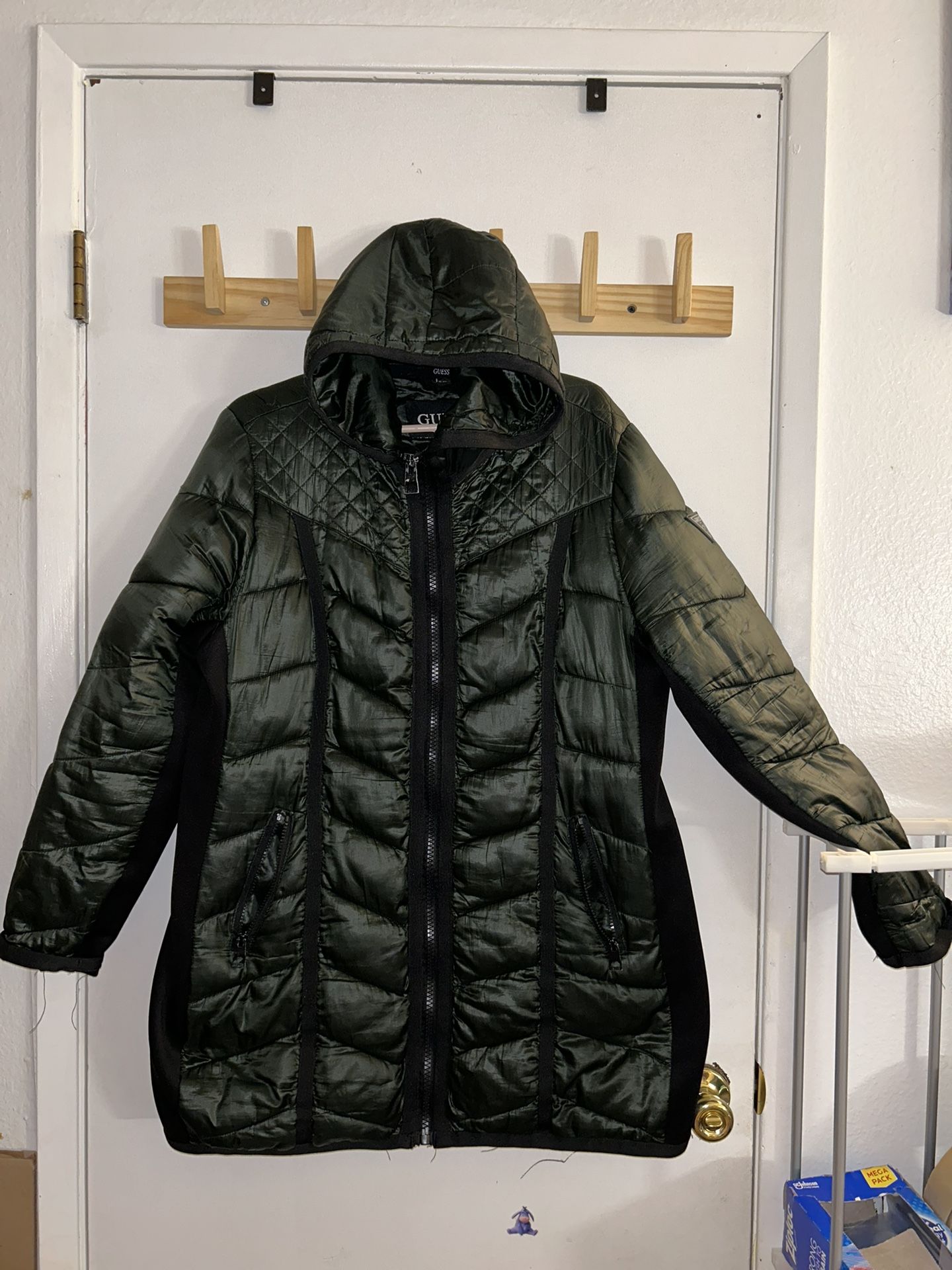 GUESS Metallic Hoodie Jacket Women Dark Green Puffer Outdoor Hike Full Zip Sz XL