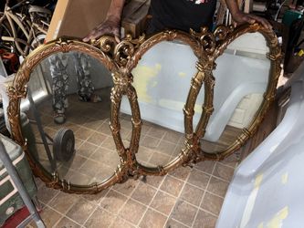 Vtg Gold Hollywood Regency Mirror Triptych Triple Interlocking Oval Wall Bassett