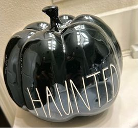 Rae Dunn black shinny pumpkin “ haunted”