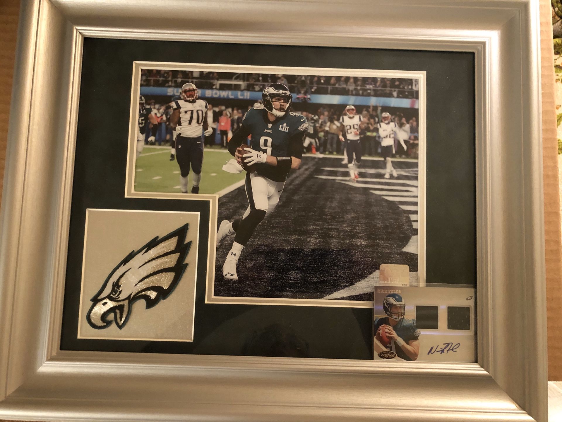 Autographed Nick Foles Philadelphia Eagles Super Bowl Champion Rookie Relic Card Framed w/ 8x10 Philly Special Play w/ Eagles Embroidered Logo Patch