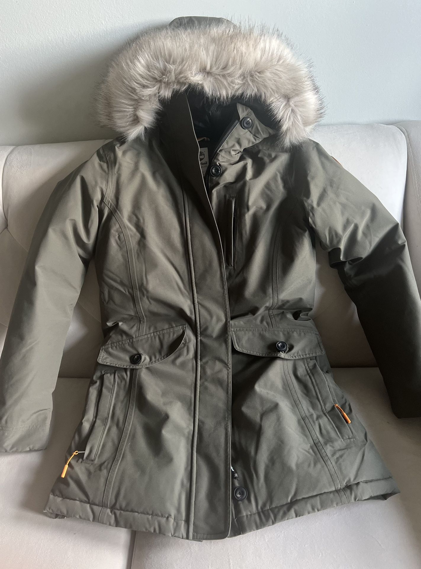 Timberland Women's Waterproof Olive Green Parka Coat Faux Fur Hood XS