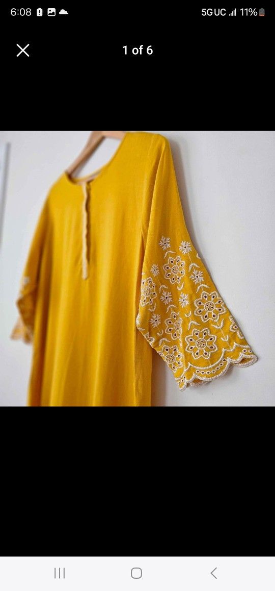 Yellow Kameez Kurta Indian Pakistani White Floral Embroidered Long Tunic Dress Shirt