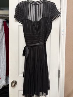 Black Sheer Striped Midi Dress with Sash Belt
