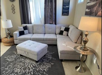 New White Gray Sectional Sofa Couch With Free Ottoman, Chaise And 2 Pillows 