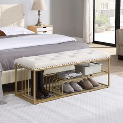 Linen Bench with Storage-Entryway Shoe Storage with Tufted Padded Seat,Gold Mental Frame Ottoman Bench for Bedroom Entry Window Mudroom Living Room,Be