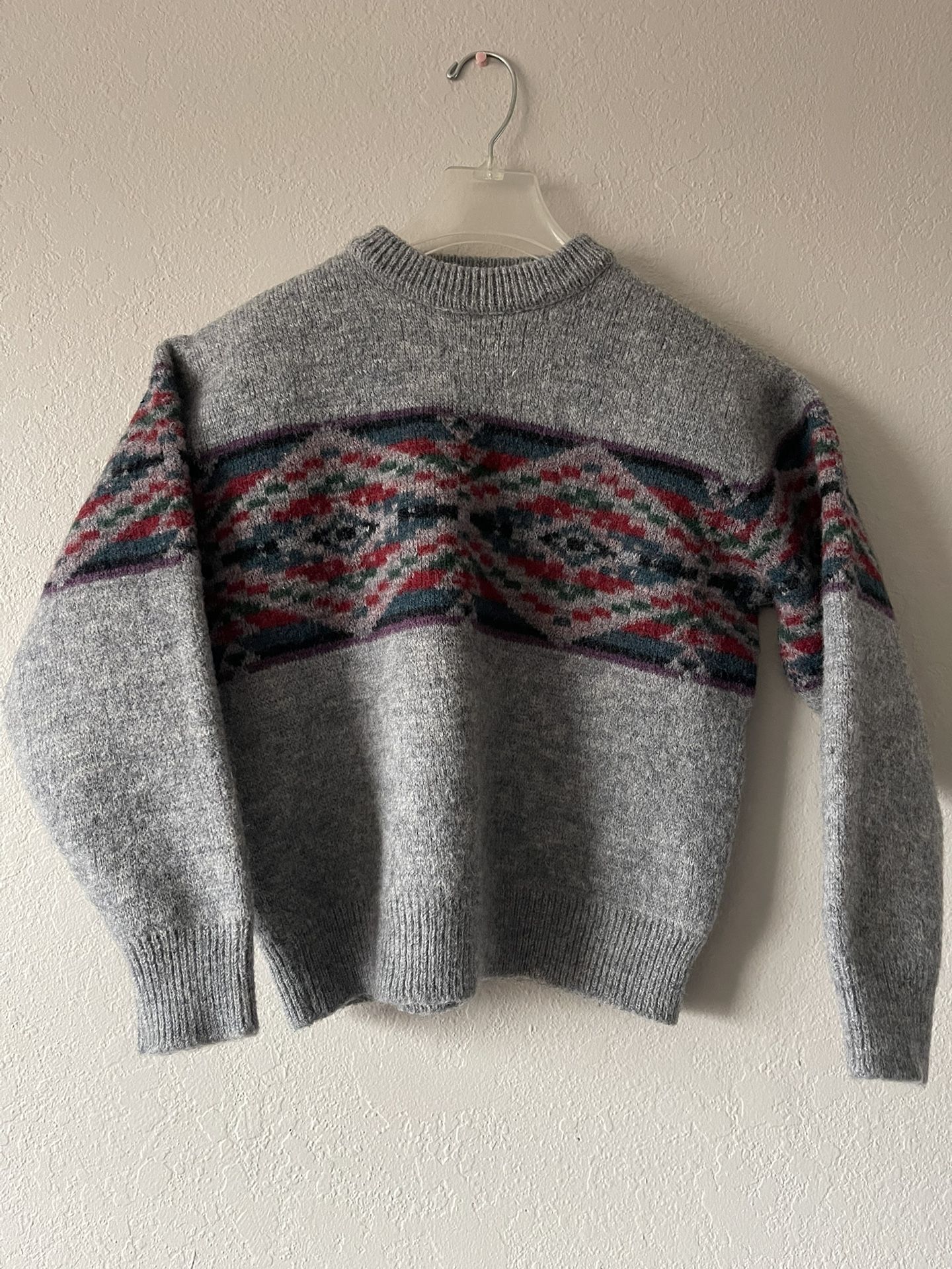 Pendleton, Vintage Boys Grey Aztec Pattern Western Wool Sweater, Size L