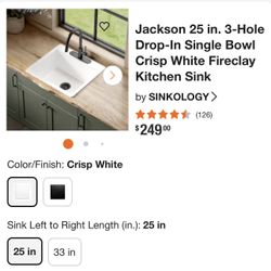 Jackson 25 in. 3-Hole Drop-In Single Bowl Crisp White Fireclay Kitchen Sink