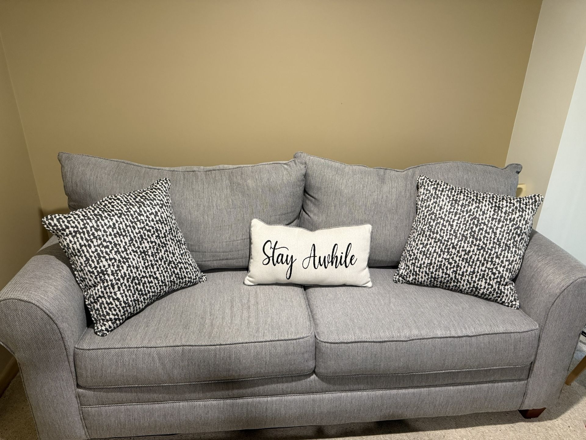 Grey 85” Sofa With Throw Pillows