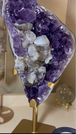 Amethyst Cluster with Rare Cubic Calcite, Flower Stalactites & Goethite