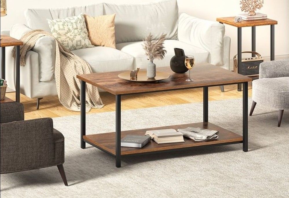 Small Brown Rectangle Wood and Metal Coffee Table with Storage Shelf for Small Living Rooms
