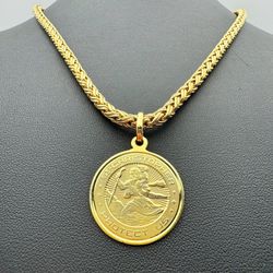 Vintage Tiffany & Co. Necklace 14k gold 18”Long Round Woven Wheat Chain Necklace 4mm & "St. CHRISTOPHER" 14K Gold Medal Charm Pendant
