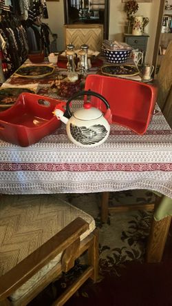 Two New Rachel Ray Casserole Dishes And A New Rooster Teapot.