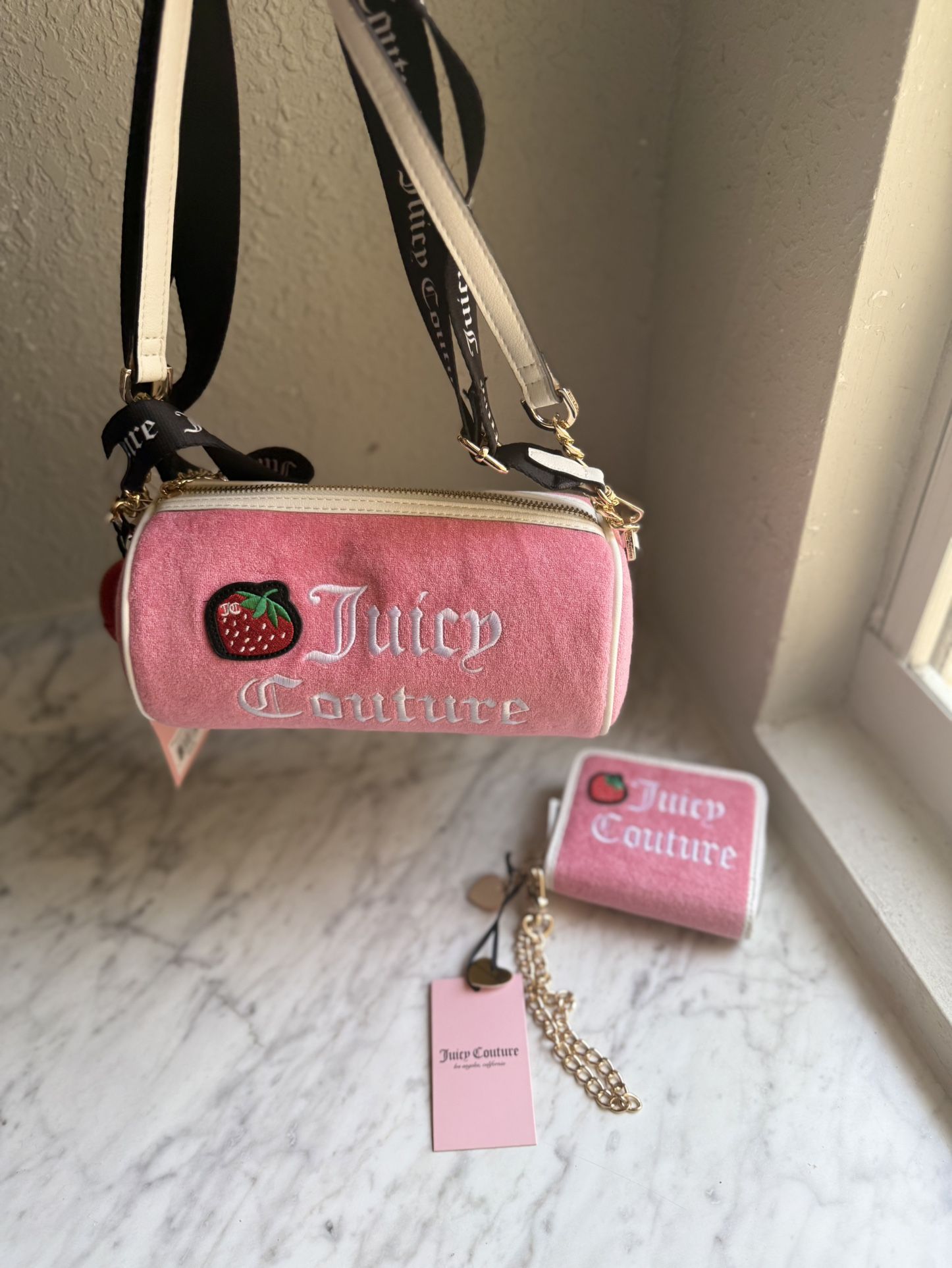 JUICY COUTURE STRAWBERRY PINK BARREL BAG WITH MATCHING WALLET