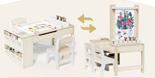 LAZY BUDDY Kids Art Table and 2 Chairs Set, Wooden Toddler Activity Table with Storage Bins, Paint Cups & Paper Roll, Children Craft Play Desk