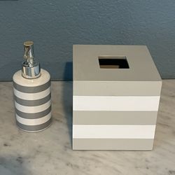 Gray And White Striped Tissue Box Cover And Soap Dispenser