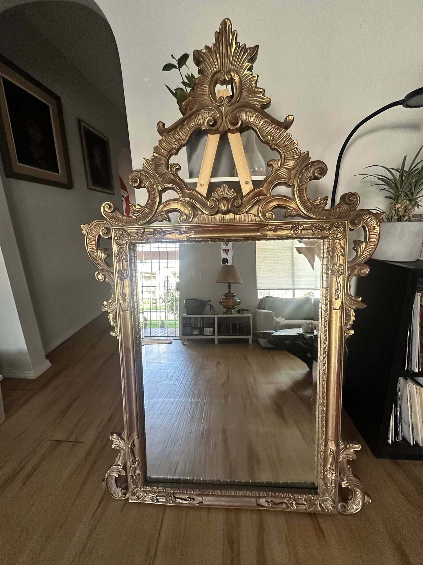 Vintage French Rococo Style Gold Pierced Frame Ornate Wall Console Hall Mirror