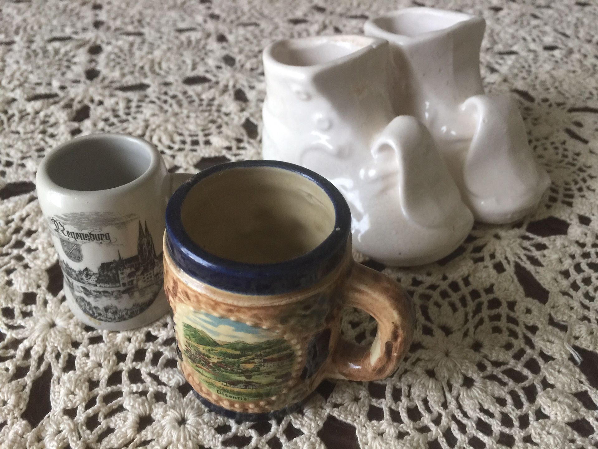 Old Miniature Collectors/Souvenir Mugs from Germany and Switzerland and Antique Ceramic Baby Shoes