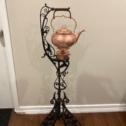 Gorgeous 1800’s Victorian Antique Copper Tea Kettle & Warmer With Wrought Iron Stand