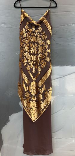 Vtg Chicas Women's Cowl Neck Mermaid Brn Dress/Gown w/Gold Emblem Overlays Sz XL