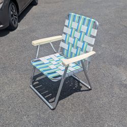 Vintage Aluminum Webbed Folding Lawn Chair  - White Green Blue Retro 