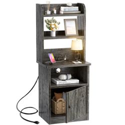 Tall Nightstand with Charging Station and USB Ports - 47" Tall Bedside Table with Adjustable Bookshelf, Industrial End Table Side Table with Storage C