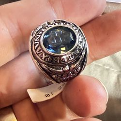 Old School Navi Ring With Blue Sapphire Gemstone Marked 18k White Gold Filled 