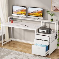 Tribesigns 63 in Ergonomic Monitor Stand Desk with File Drawer and Cabinet, White Wood