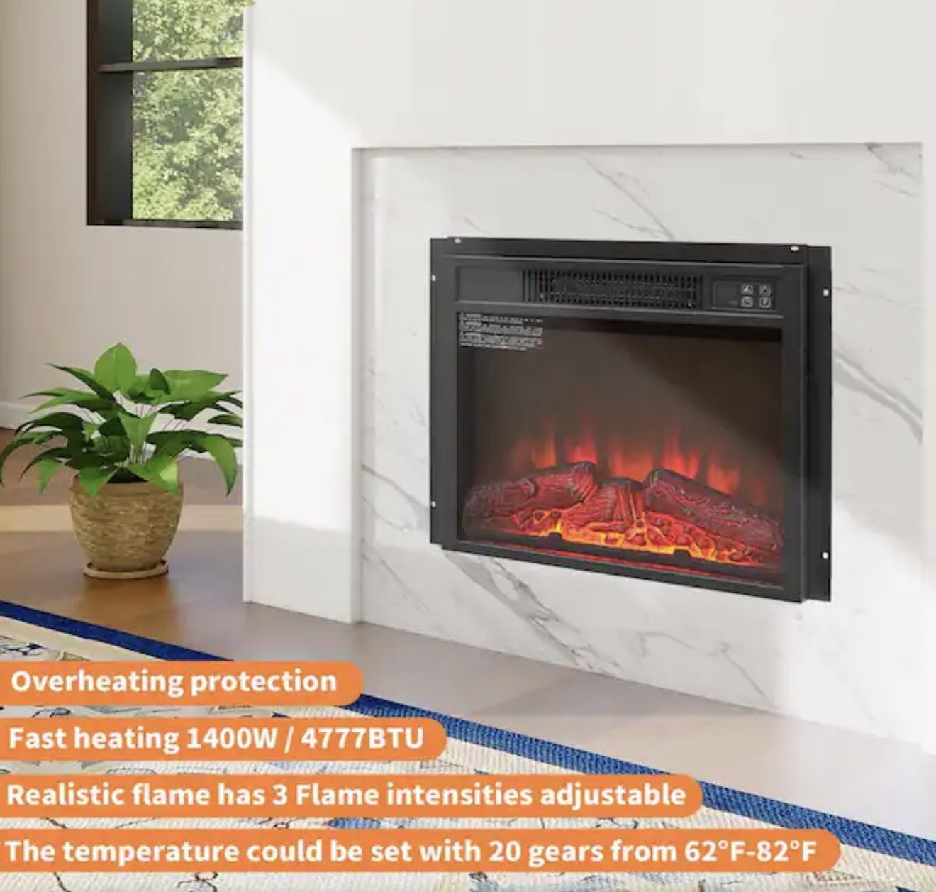 18 in 400 sq. ft. Electric Fireplace Insert Heater with Remote, Touch Button