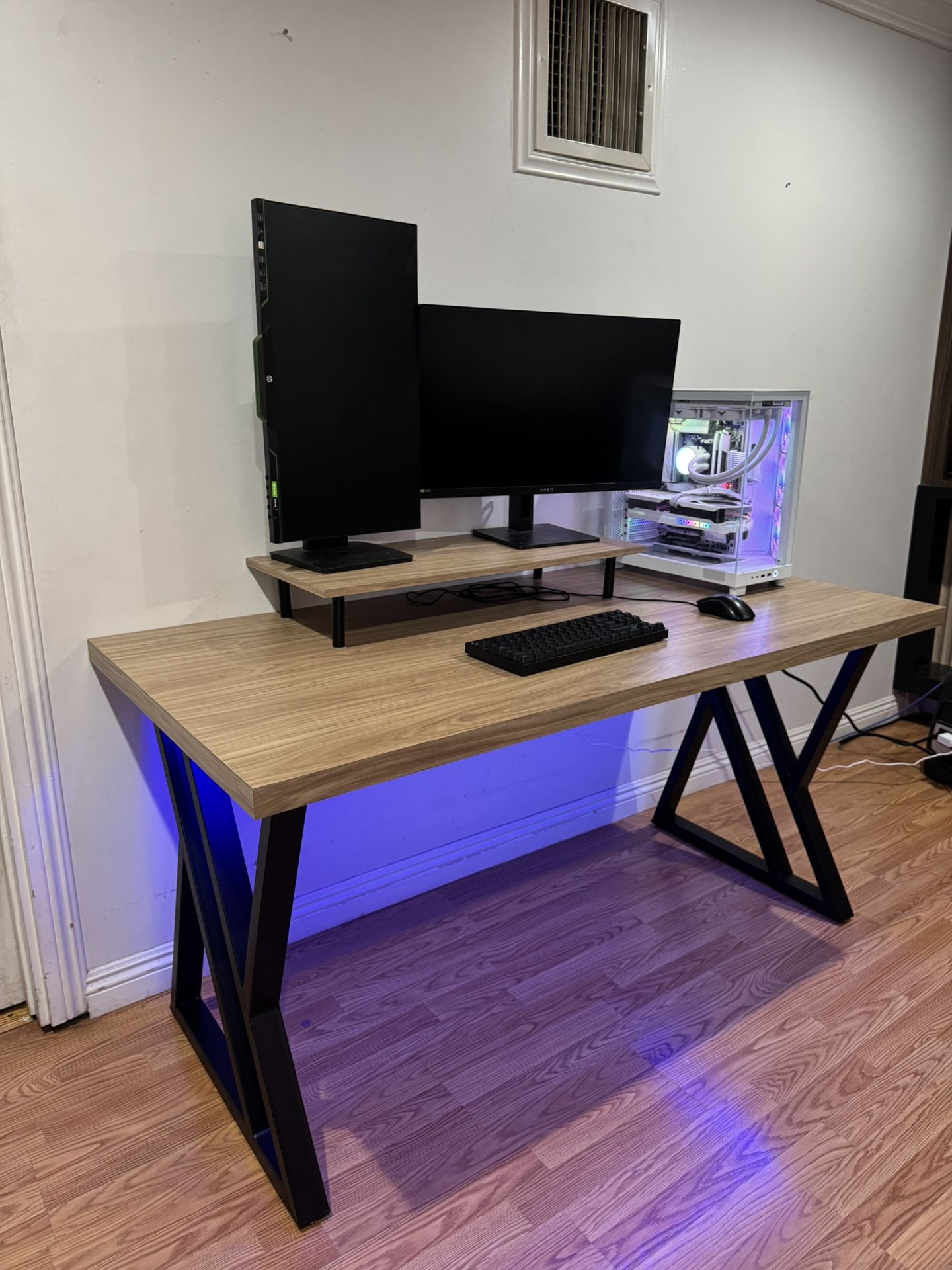 Custom Gaming Desk – LED Glow – X-Legs – Monitor Shelf - Built In Cable Management Tray – Built to Last – $750