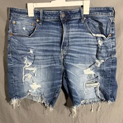 American Eagle Airflex + Denim Cutoff Shorts Size 38 Mid- Blue