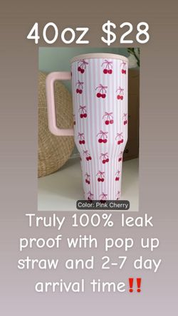 40oz pink and cherry print tumbler