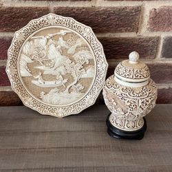 Carved Decorative Plate And Urn With Lid