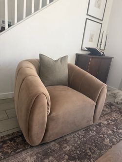 • Pair of Elegant Taupe Swivel Barrel Chairs (2)