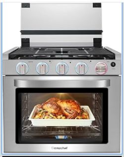 AMZCHEF RV Gas Range Stove 12V. Range Oven for RV Use with 3 Burners,Gas Oven, 28,100BTU, Open Flame Configuration, Knob work indicator, Heavy Duty Ca