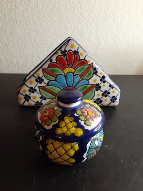 GORGEOUS Set of Mexican Folk Art Talavera 6" Napkin Holder & 3" Toothpick Holder.