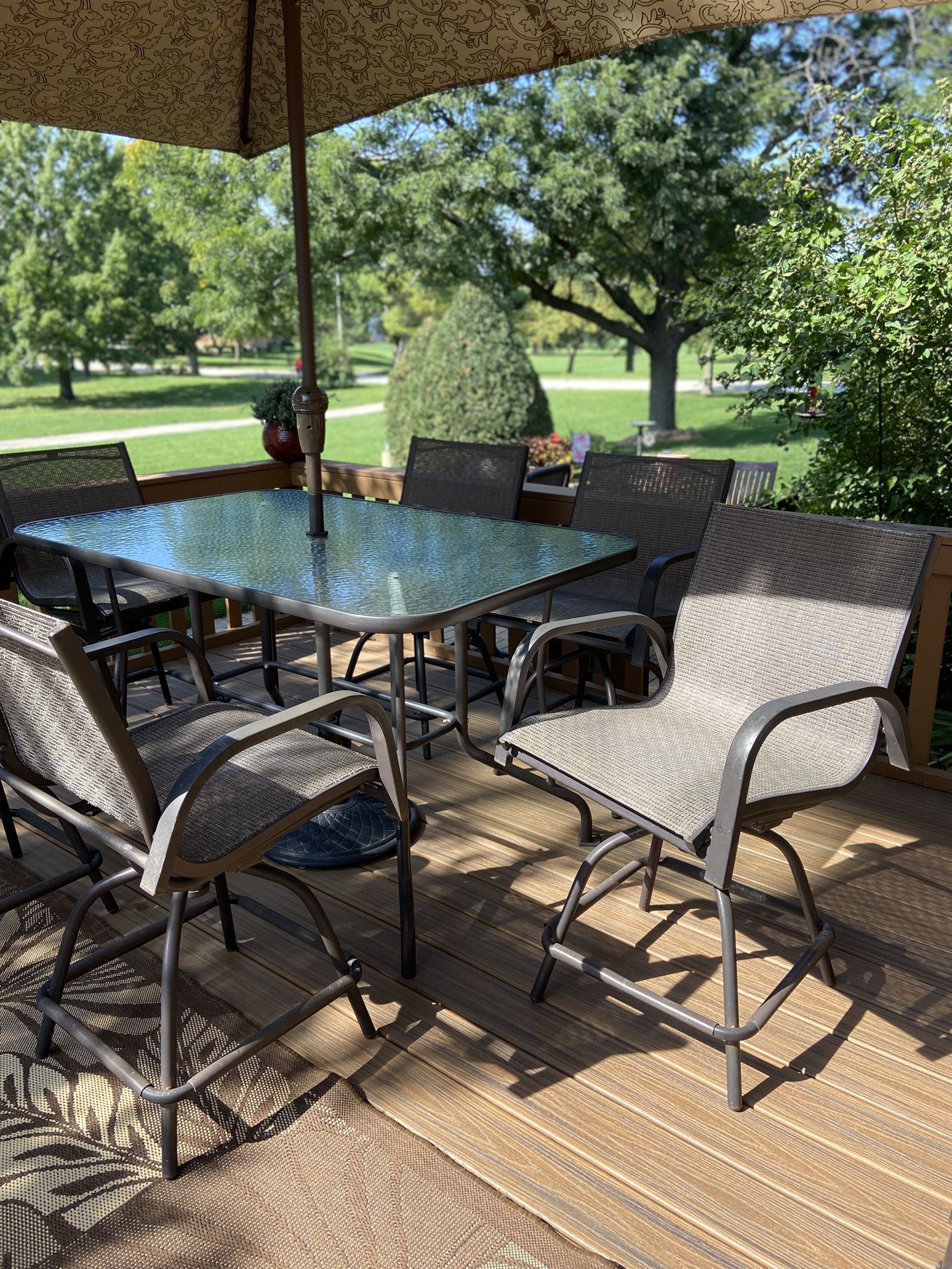 Outdoor Dining Set Rectangle Table With Six Swivel Chairs And Extra Large Umbrella IncludedChairs