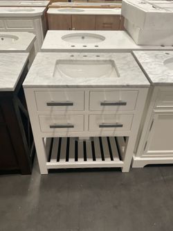 30” White Solid Wood Bathroom Vanity with Marble Top (V127)