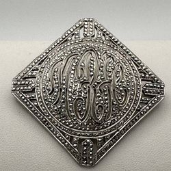 Vintage Sterling Silver Brooch Pin Marcasite Monogram MRH Heavy  18 Grams Great Condition 