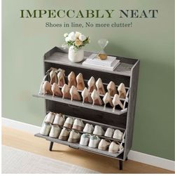 Fitfort Shoe Cabinet with 2 Flip Drawers,Farmhouse Shoe Storage Cabinet Organizer for Entryway,for Entrance, Hallway, Living Room,Classic Grey