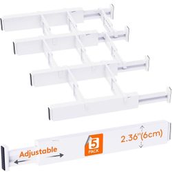Lifewit 5 Pack Drawer Dividers 2.36" High, 16"-22" Adjustable Drawer Organizer with 8 Inserts for Utensils/Clothes/Makeup, Plastic Expandable Separato