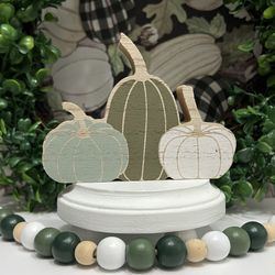 Triple Green & White Pumpkin Wooden Decoration