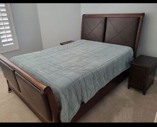 Queen Wood Sleigh Bed Frame with Upholstered Headboard