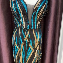 Black Sequin Evening Gown with Teal & Gold Design – High Slit Formal Dress