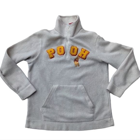 Disney Pooh Embroidered Zip Up Creamy White Fuzzy Teddy Bear Sweater