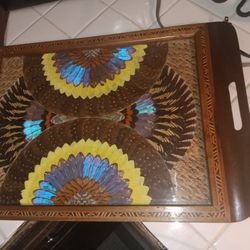 1940'S BRAZILIAN INLAID WOOD TRAY WITH REAL MORPHO BUTTERFLY WiNGS

