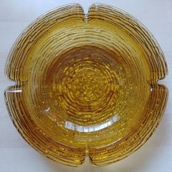 Groovy Vintage Golden Amber Raised Pattern Glass Ashtray Funky Mid Century to 70s Circular Cigar Cigarette Holder