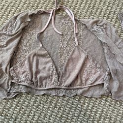Cider Lace Long Sleeve Crop Top With Bralette. Size Small