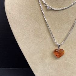 Sterling Silver 925 Necklace, Italy, W/Amber Color Stone Pendant & Sterling Silver 925 Ring w/Amber Color Stone, Size 5.75