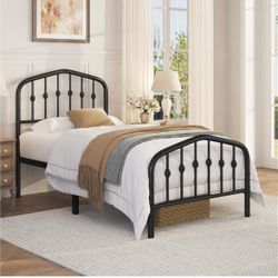 Twin Metal Bed Frame with Victorian Vintage Headboard, Black